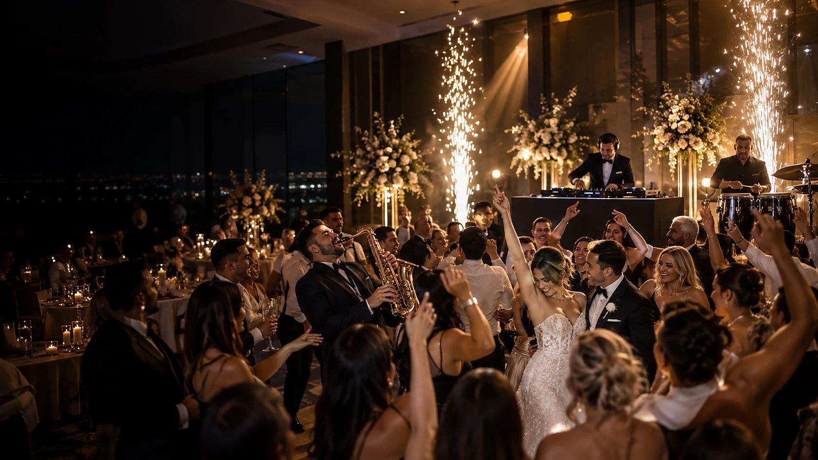 Bride and groom's first dance surrounded by dry ice and cold spark indoor fireworks at an Adelaide wedding reception