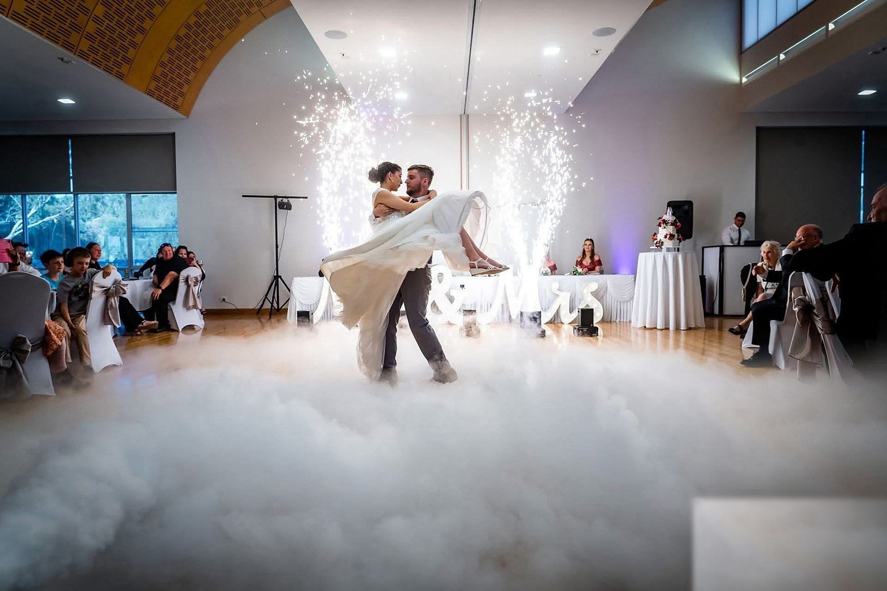 Adelaide wedding first dance with dry ice and cold spark indoor fireworks by Double Trouble Entertainment