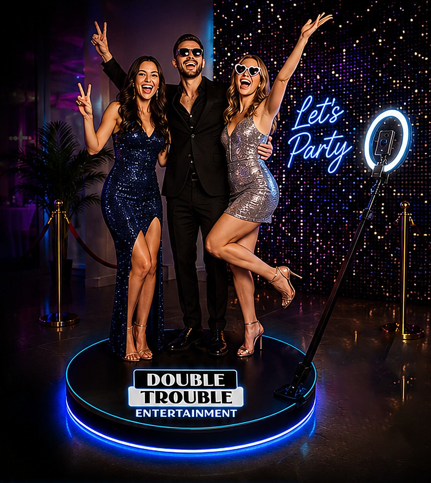Guests posing on the 360 Spin Video Booth platform at an Adelaide event, Double Trouble Entertainment