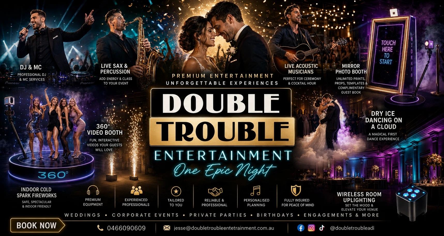Double Trouble Entertainment All Inclusive package — DJ & MC, live sax and percussion, acoustic musicians, photo booths, dry ice, cold spark fireworks and uplighting