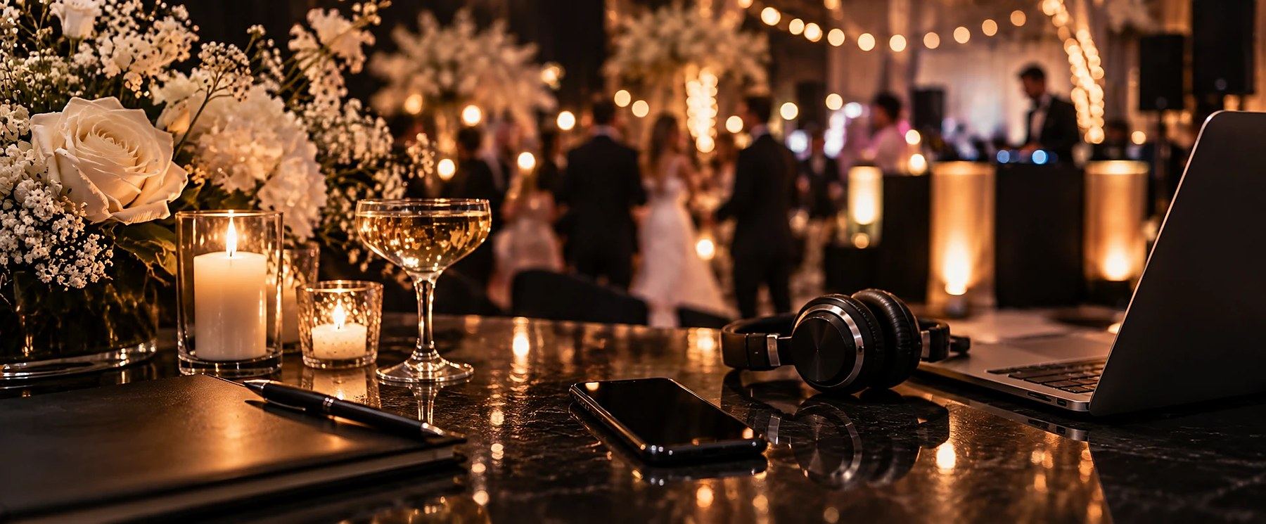 DJ booth and wedding reception details at a Double Trouble Entertainment event, Adelaide