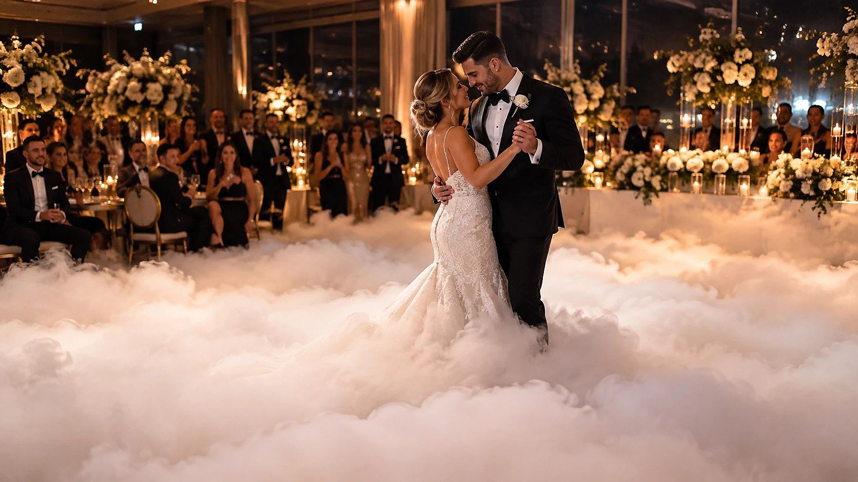 Bride and groom's first dance on a cloud of dry ice at an Adelaide wedding, Double Trouble Entertainment