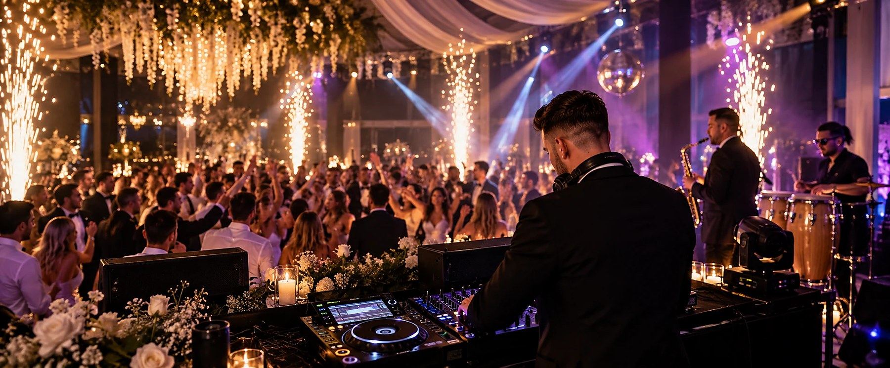 DJ, live saxophone and percussion performing over a packed dancefloor with cold spark fireworks, Double Trouble Entertainment