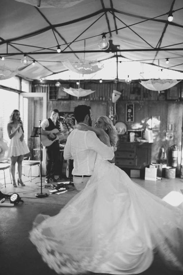 Bride and groom's first dance with live acoustic music, Double Trouble Entertainment
